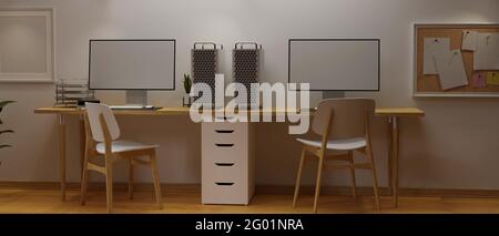 Rendering 3D, design interno per ufficio semplice con due computer sul tavolo, sedie e forniture per ufficio, illustrazione 3D Foto Stock