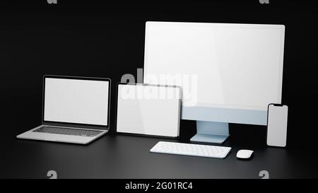 Dispositivi digitali con tablet, computer, computer portatile e smartphone con schermo mock-up su sfondo nero, rendering 3D, illustrazione 3D Foto Stock