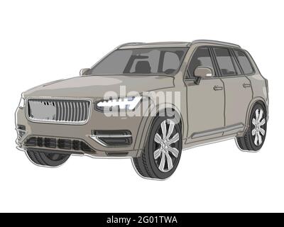 Trasporto, auto suv grigia con luci anteriori accese, prospettiva anteriore, stile marcatore, 3D Foto Stock