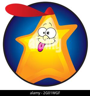 Felice stella cartone animato. Personaggio sorridente giallo Star Cartoon Emoji. Una stella brillante e carismatica mascotte design stile sorridente e ondulato mano Illustrazione Vettoriale