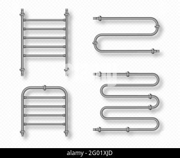 Portasciugamani per il bagno di casa e toilette. Essiccatore con tubi in acciaio, radiatori cromati isolati su fondo trasparente. Serie vettoriale realistica di scaldasalviette in metallo 3d appesi alla parete Illustrazione Vettoriale