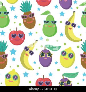 Simpatico motivo senza cuciture con personaggi cartoni animati in occhiali da sole, avocado, banana, ananas, limone e mela. Illustrazione Vettoriale