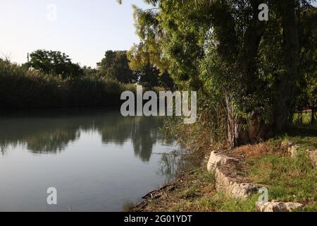 L'Asi, piccolo ruscello che scorre tra alberi di eucalipto, barche e un molo sulla sua riva e un thicket nella Valle delle sorgenti, Valle di Beit She'an. Foto Stock