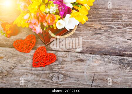 Freesia multicolore in una scatola e due cuori su un vecchio sfondo di legno. Bellissimi fiori. Foto Stock