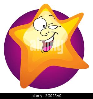 Felice stella cartone animato. Personaggio sorridente giallo Star Cartoon Emoji. Una stella brillante e carismatica mascotte design stile sorridente e ondulato mano Illustrazione Vettoriale