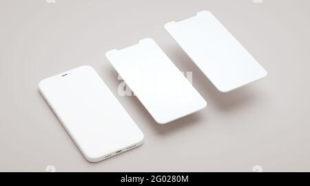 Mockup dello schermo vuoto del telefono e due diapositive fluttuanti nel rendering 3D. Interfaccia app, interfaccia utente ux e concetto di presentazione del web design Foto Stock