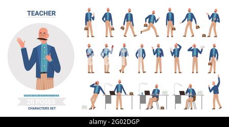 Insegnante uomo pone insieme di illustrazione vettoriale. Cartoon sorridente uomo scuola insegnante carattere posando lavoro alunni studenti, insegnamento posture lezione raccolta lezioni isolato Illustrazione Vettoriale