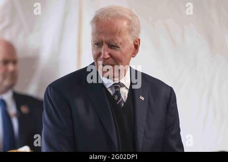 Il presidente degli Stati Uniti Joe Biden fa commenti durante una tradizionale cerimonia del Memorial Day, domenica 30 maggio 2021, al Veterans Memorial Park di New Castle, Delaware.Credit: Saquan Stimpson/CNP /MediaPunch Foto Stock