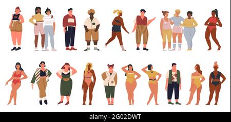 Set di illustrazioni vettoriali persone sovrappeso. Cartoon giovane più taglia uomo donna personaggi indossando abiti casual moda, in piedi in fila, grasso forma del corpo ragazze in costume bikini isolato su bianco Illustrazione Vettoriale