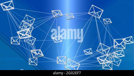Composizione della rete di icone e-mail con busta connessa su sfondo blu lucido Foto Stock
