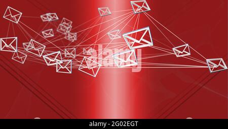 Composizione della rete di icone e-mail con busta connessa su sfondo rosso lucido Foto Stock