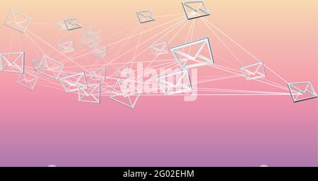 Composizione della rete di icone e-mail delle buste connesse su sfondo rosa e arancione Foto Stock