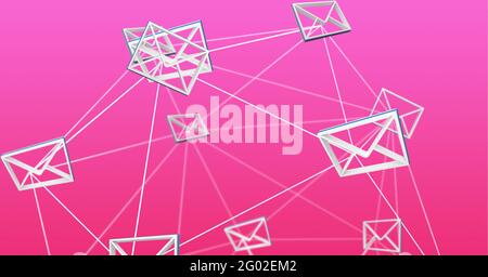Composizione della rete di icone e-mail con busta connessa su sfondo rosa brillante Foto Stock