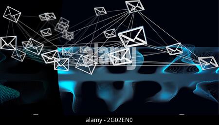 Composizione della rete di icone e-mail delle buste connesse con griglia blu curva su nero Foto Stock