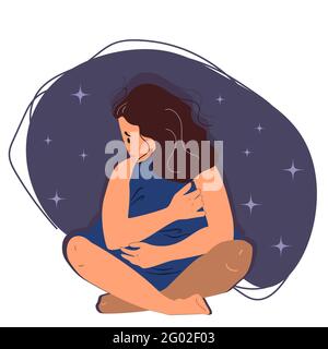 Ragazza insonne seduta sul pavimento e cuscino avvolgente. La donna soffre di insonnia. Illustrazione vettoriale piatta in stile cartoon. Illustrazione Vettoriale