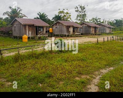 Mabul, Papua Occidentale, Indonesia - Gennaio 2015: Case di legno su palafitte in un piccolo villaggio costruito dal governo indonesiano per il popolo Korowai. Asia Foto Stock