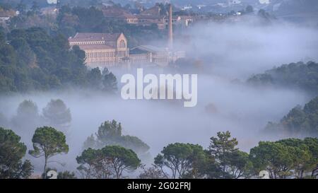 Autunno nebbia alba nella colonia tessile (città aziendale) di Cal Vidal (Berguedà, Catalogna, Spagna) Foto Stock