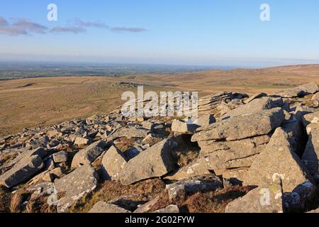 Vista dalla cima di West Mill Tor guardando verso Terreni agricoli Devon Foto Stock