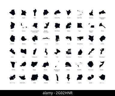 Insieme di illustrazioni vettoriali con mappe semplificate di tutti gli stati africani pienamente riconosciuti. Silhouette nere, sfondo bianco. Illustrazione Vettoriale