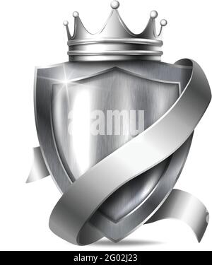 schermo metallico vettoriale realistico con telaio . Pannello metallico in acciaio argento vuoto con corona argento e nastro premio trofeo o modello certificato Illustrazione Vettoriale