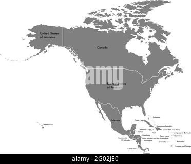 Illustrazione vettoriale con mappa semplificata del continente nordamericano con confine di stati (paesi: USA, Messico, Bahamas, Canada, Costa Rica, Cuba e. Illustrazione Vettoriale