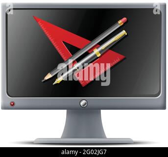 computer con icone vettoriali realistiche con elementi di design, penna e matita. Isolato su bianco. Icona di progettazione della pubblicità. Illustrazione Vettoriale