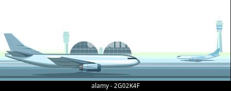 L'aeroporto. Aerei passeggeri e cargo all'aeroporto. Paesaggio estivo. Vista esterna. Pista. Torri e hangar. Isolato su sfondo bianco. Illustrazione Vettoriale