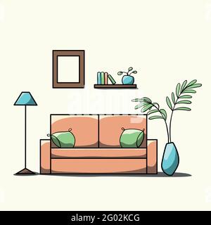 camera semplice in stile piano cartoon con mobili Illustrazione Vettoriale