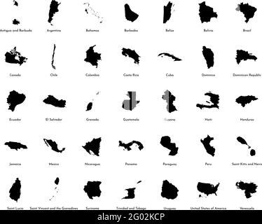 Set di illustrazioni vettoriali con mappe semplificate di tutti gli stati del Sud, del Nord e dell'America centrale (paesi). Silhouette nere, sfondo bianco. Alfabeto Illustrazione Vettoriale