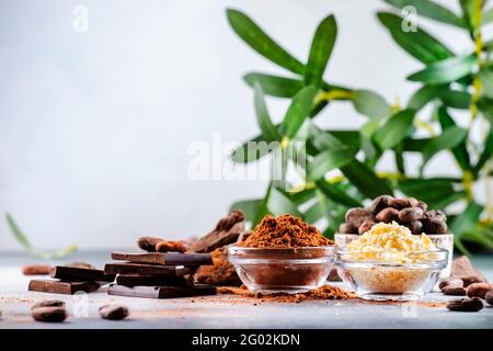Vari prodotti biologici del cacao: Fagioli, polvere, burro, cioccolato fondente, cacao grattugiato su fondo grigio della tavola Foto Stock