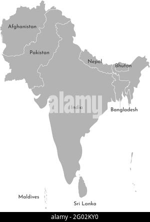 Mappa di illustrazione vettoriale dei paesi asiatici. Regione sud. Stati frontiere di Afghanistan, Pakistan, India, Maldive, Nepal, Bhutan, Banghladesh, Sri la Illustrazione Vettoriale