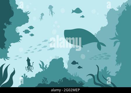 Fondo marino sottomarino con calamari meduse balena vettore illustrazione. Cartoon astratto mare mare acque saline e aqua animali pesci, blu tranquillo paesaggio marino con barriera corallina, alghe sfondo Illustrazione Vettoriale