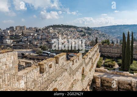 Città vecchia di Gerusalemme skyline e antica fortezza, Gerusalemme, Israele. Foto Stock