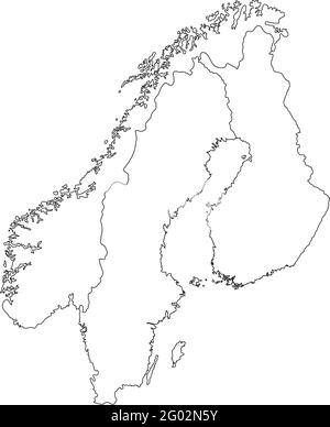 Illustrazione vettoriale con mappa semplificata degli stati scandinavi europei (Finlandia, Norvegia, Svezia). Silhouette bianche, profilo nero e sfondo Illustrazione Vettoriale