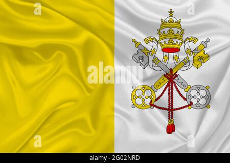 Bandiera 3D della Città del Vaticano su tessuto stropicciato. Foto Stock