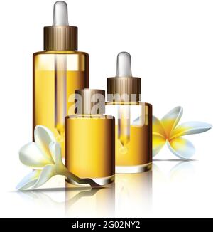 collezione spa vettoriale realistica di bottiglie di bellezza di oli aromaterapici e fiori esotici. Illustrazione dell'icona isolata. Mokup di bottiglie cosmetiche. Illustrazione Vettoriale