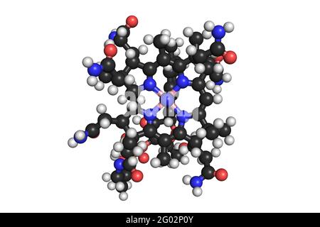 Vitamina B12 la molecola di cianocobalamina 3D rende la struttura chimica Foto Stock