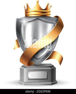 schermo in metallo vettoriale realistico con telaio trofeo. Pannello metallico in acciaio argento bianco con corona dorata, trofeo premio nastro oro o modello certificato Illustrazione Vettoriale