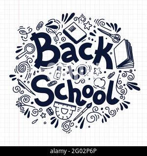 Torna alla composizione del circolo scolastico su una base di plaid. Illustrazione vettoriale in stile doodle. Illustrazione Vettoriale