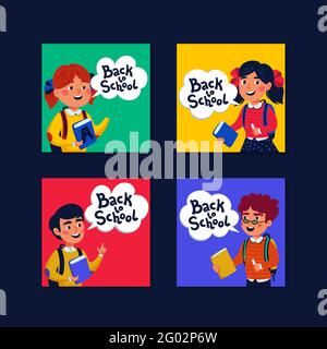 Collezione di carte Mini Back to School. Carte con ragazzi e ragazze e testo di ritorno a scuola. Illustrazione vettoriale di stile piatto. Illustrazione Vettoriale