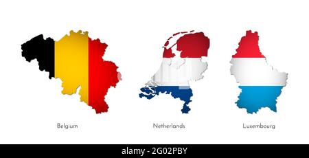 Set di illustrazioni vettoriali con sagome isolate delle mappe Benelux Union (forme semplificate). Bandiere nazionali di Belgio, Paesi Bassi, Lussemburgo. Bianco Illustrazione Vettoriale