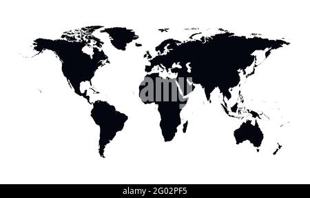 Mappa mondiale semplificata isolata da vettori. Silhouette nere, sfondo bianco. Continenti del Sud e del Nord America, Africa, Europa e Asia, Australia, Illustrazione Vettoriale