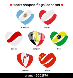 Set di icone di bandiere a forma di cuore. Flag icona da ricci nastro. Icona vettore, simbolo, pulsante. Illustrazione in stile piatto Illustrazione Vettoriale