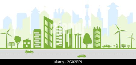 Conservazione ecologica della città e dell'ambiente. Silhouette verde della città con alberi, energia eolica e pannelli solari. Veicoli elettrici e stazione di ricarica. Illustrazione Vettoriale