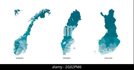 Vettore isolato illustrazione di mappe amministrative semplificate di Norvegia, Svezia, Finlandia. Frontiere e nomi delle regioni (proporzione reale degli stati Illustrazione Vettoriale