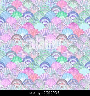 Acquerello mare conchiglia giapponese onde modello senza giunture. Fondale disegnato a mano texture vintage oceano sfondo. Illustrazione marina acquerello. Stampa per Foto Stock