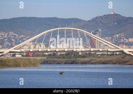 L'ultimo ponte sul fiume Llobregat, il ponte Nelson Mandela a El Prat de Llobregat (Barcellona, Catalogna, Spagna) Foto Stock
