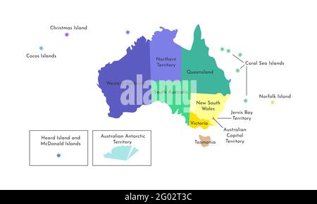 Vettore isolato illustrazione della mappa amministrativa semplificata dell'Australia. Frontiere e nomi delle regioni. Silhouette multicolore. Illustrazione Vettoriale
