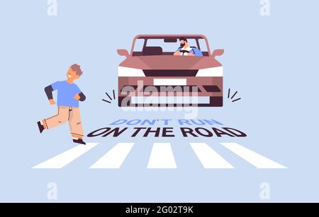 scolaro che corre sul crosswalk e l'autista ferma l'auto immediatamente non fare concetto di funzionamento su strada Illustrazione Vettoriale