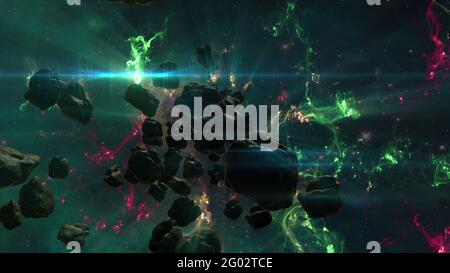 Illustrazione 3d - campo di Nebula e asteroide in Deep Space Foto Stock